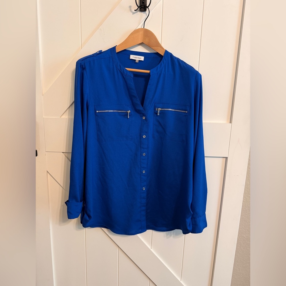 Calvin Klein Women Large Royal Blue Button Down Long Sleeve Blouse Workwear